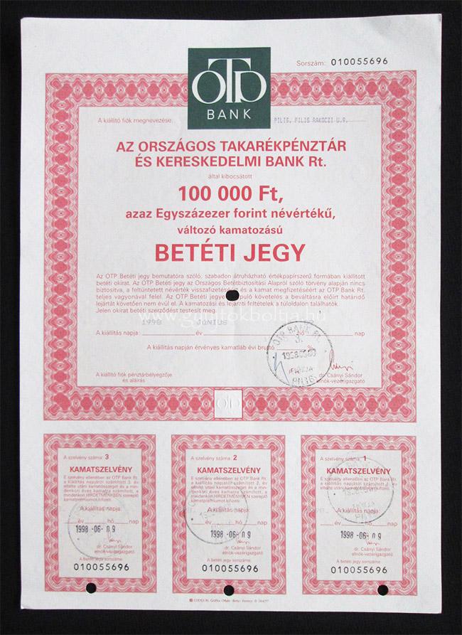 Orsz�gos Takar�kp�nzt�r (OTP) bet�ti jegy 100000 forint 1998